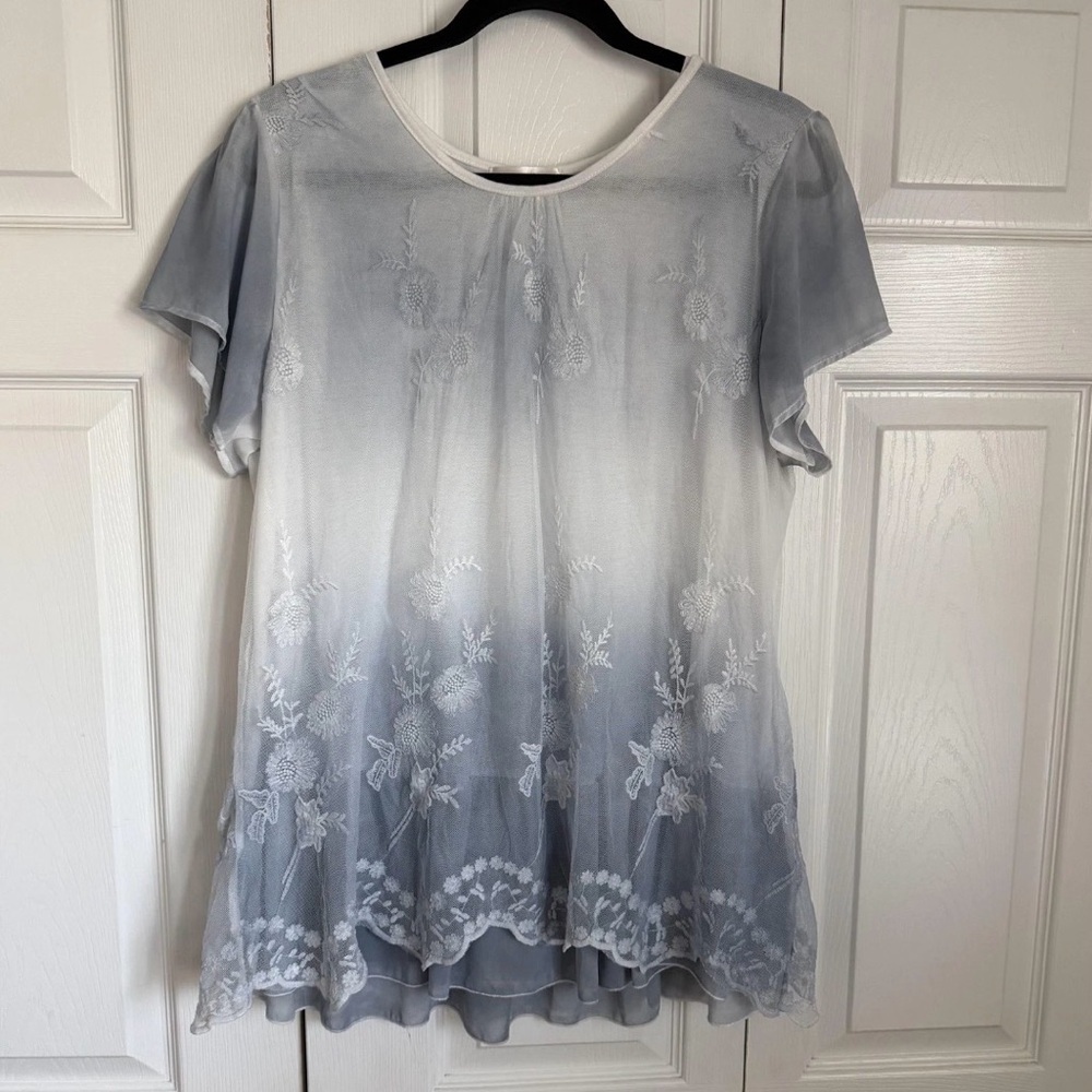 Simply Couture Womens XL Floral Embroidered Mesh Tunic Top Fairy Boho Cottage